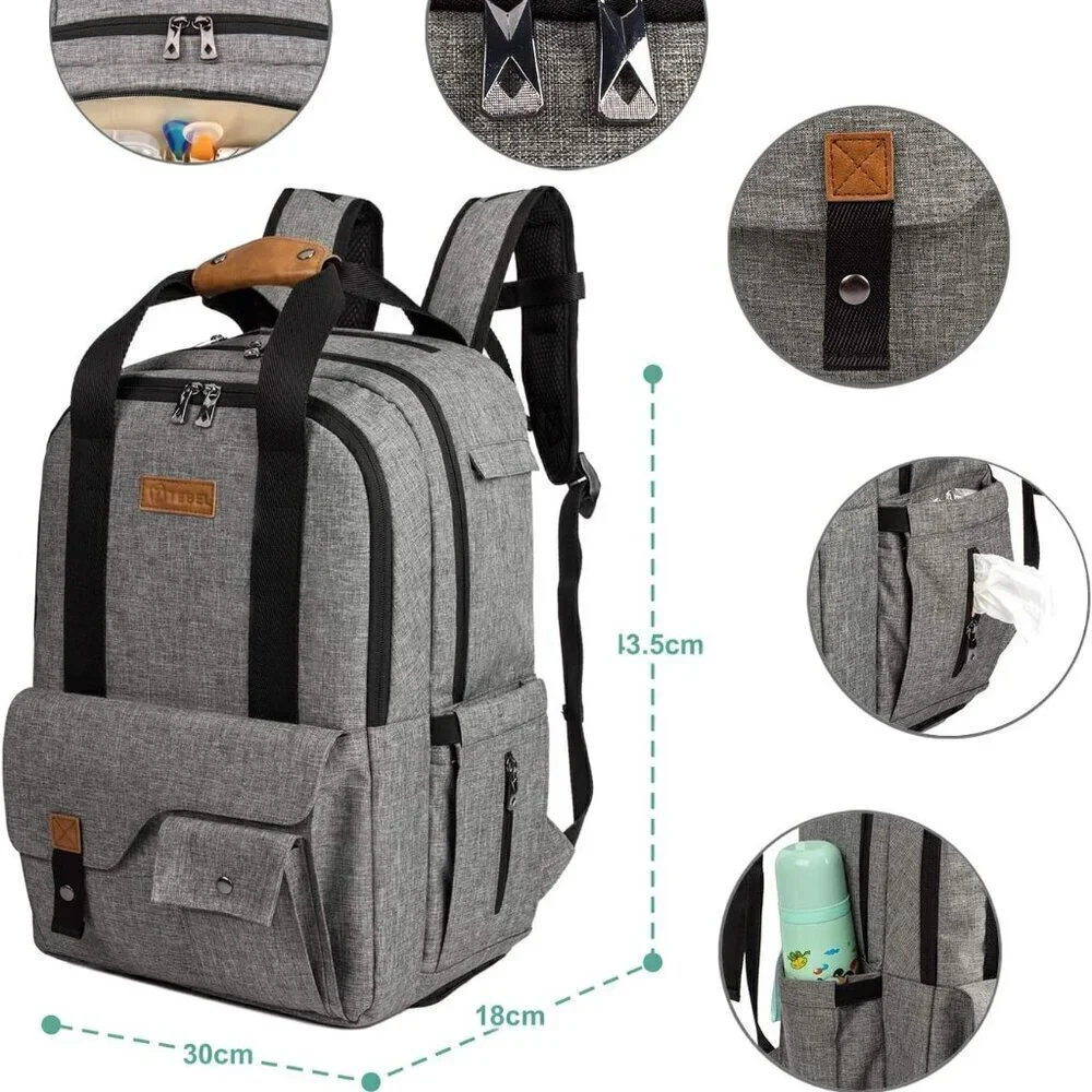 TEBEL Large Capacity Baby Diaper Bag Backpack Multi-Functional Gray